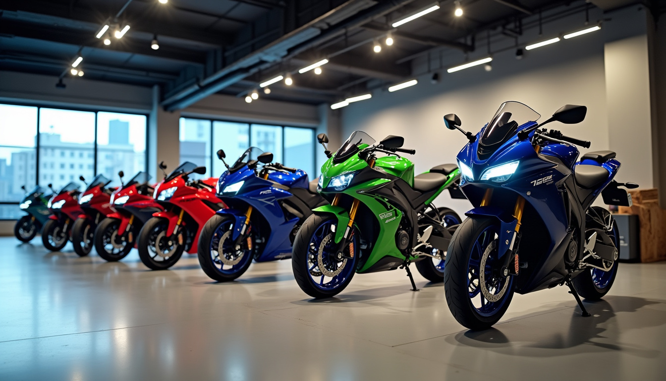 Showroom de motos avec différents modèles Honda, Yamaha et Kawasaki alignés
