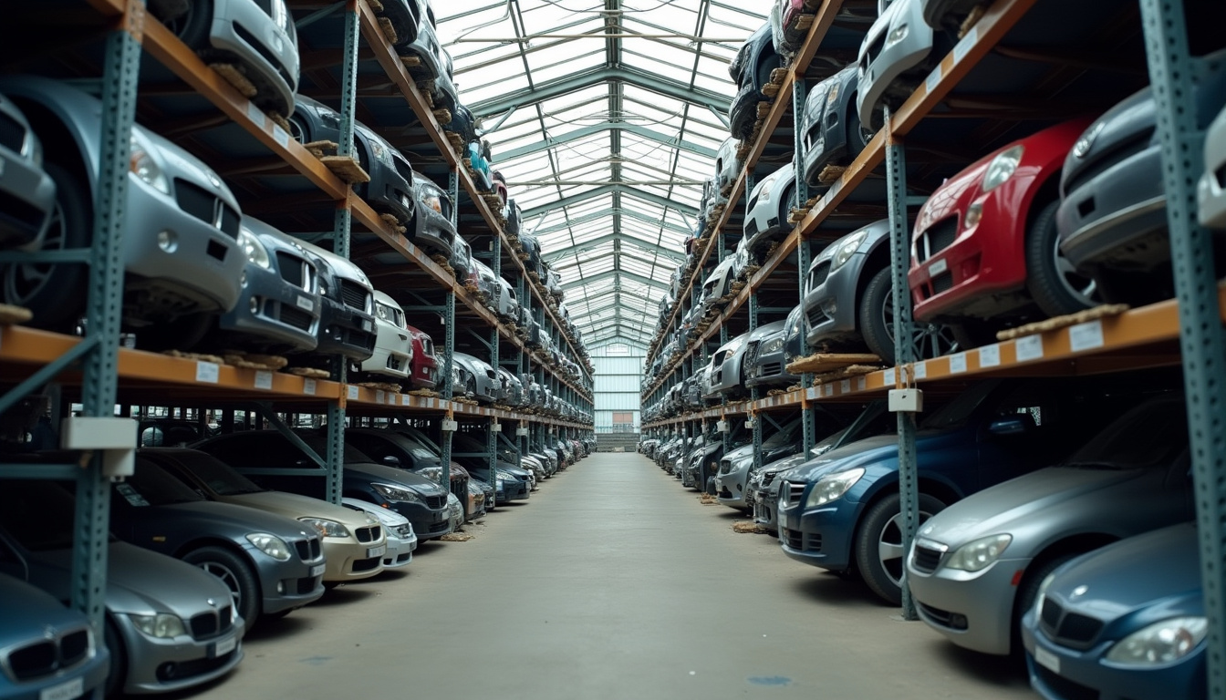 Stock de pièces détachées dans une casse automobile à Mulhouse, organisées par type et marque