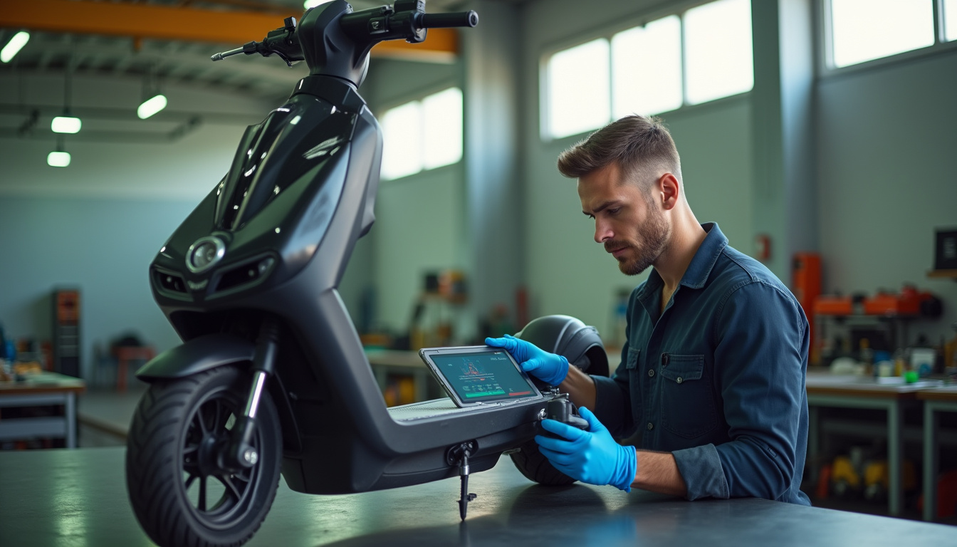 Technicien en train de diagnostiquer une trottinette électrique dans un atelier spécialisé