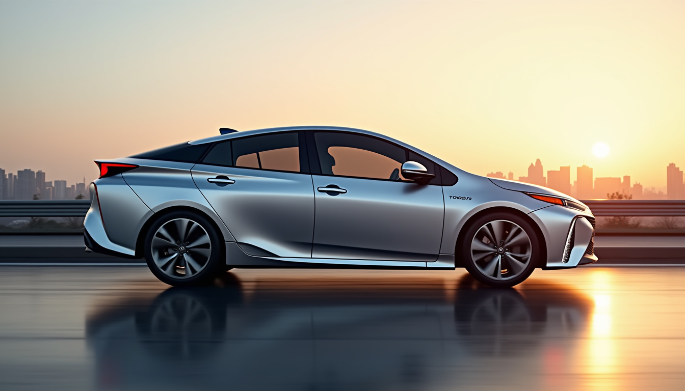 Toyota Prius 2025 vue de profil montrant son design effilé et ses jantes 19 pouces