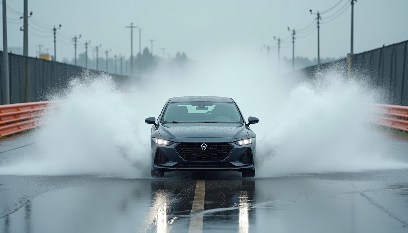 Voiture en test d'aquaplaning sur une chaussée mouillée lors d'un essai de pneus toutes saisons