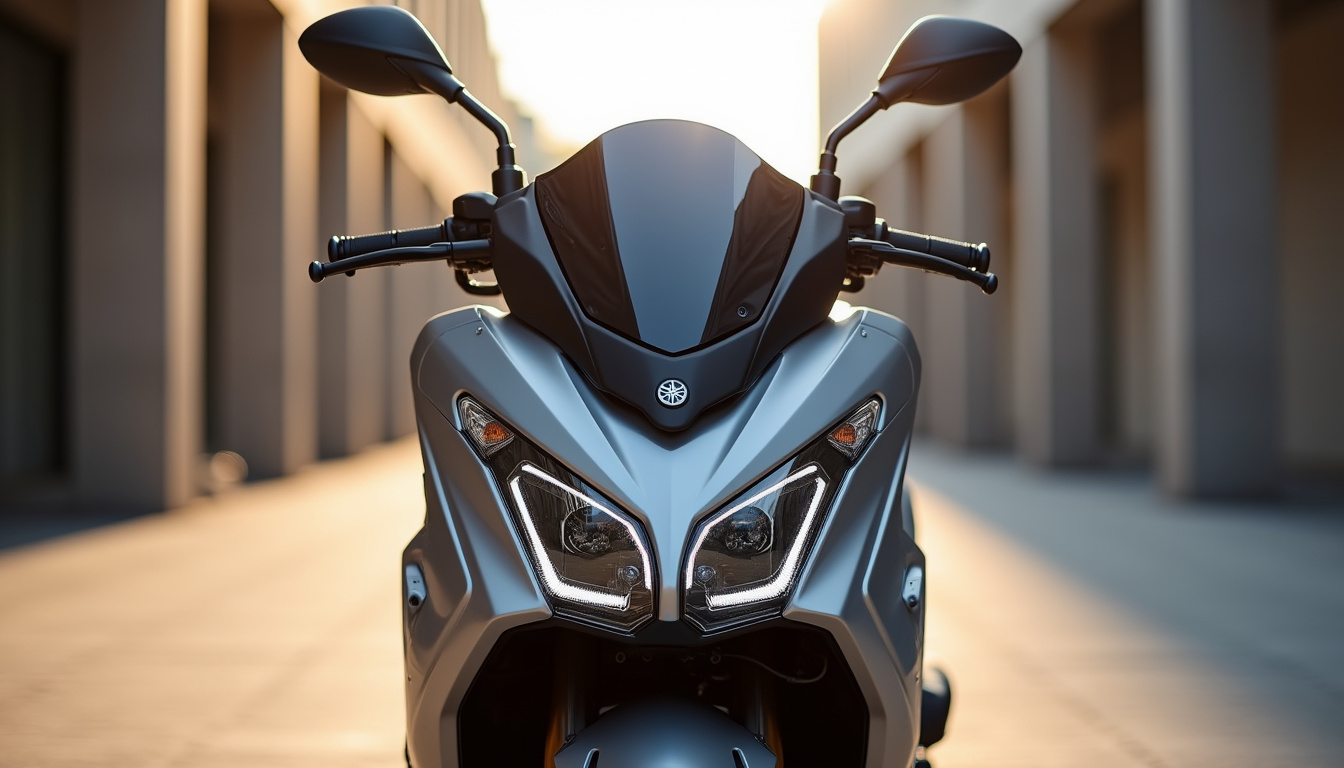 Yamaha XMAX 300 vu de face, montrant ses lignes dynamiques, son phare LED en forme de X et ses flancs sculptés inspirés du TMAX