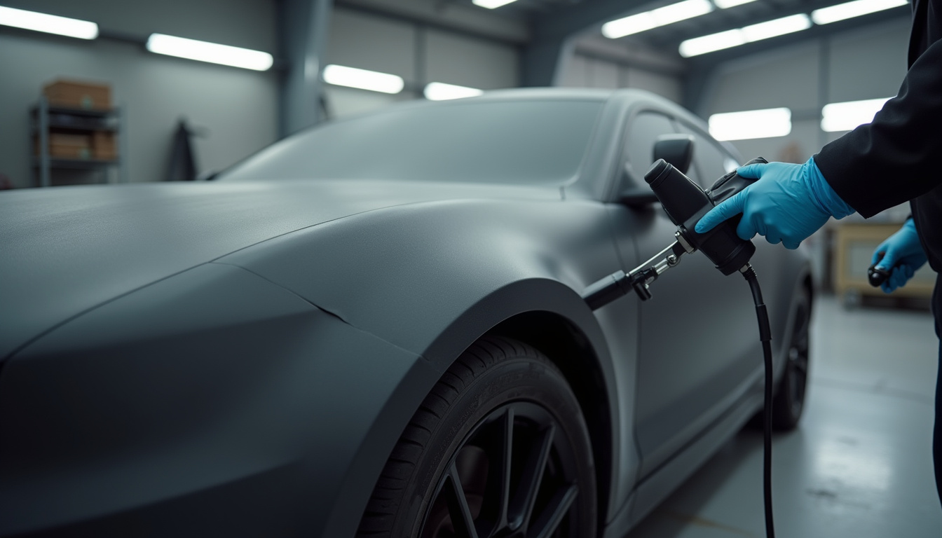 Application d’un covering complet sur une voiture en atelier