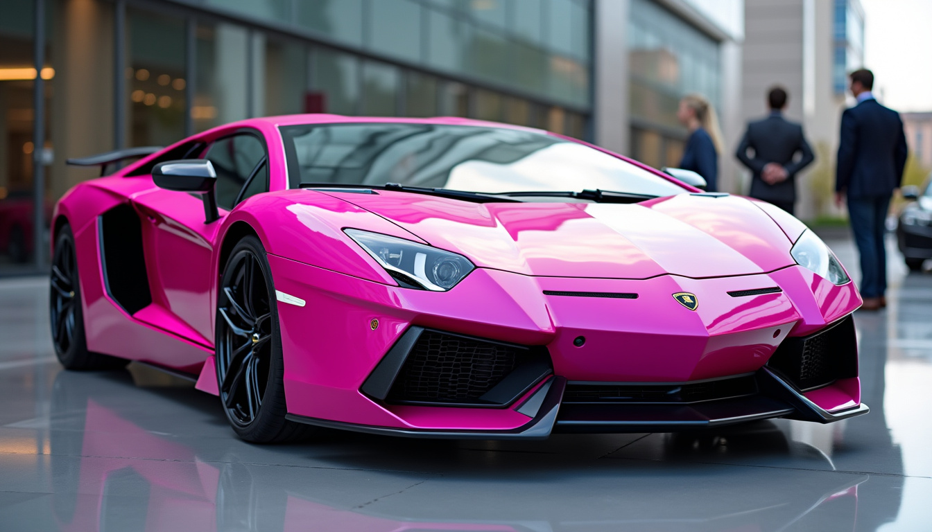 Détail d'une Lamborghini Aventador rose en exposition extérieure, avec reflets métallisés visibles sur la carrosserie