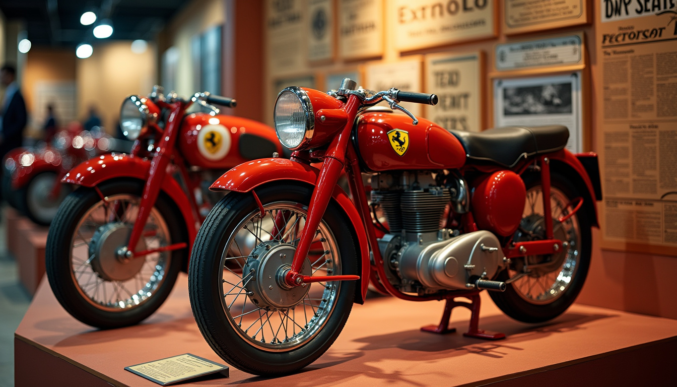 Document d'archive ancien montrant des motos Ferrari des années 1950 sur un stand de salon