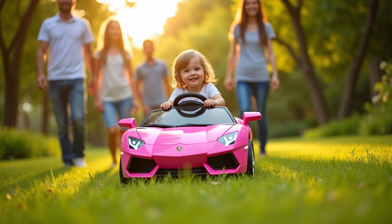 Enfant de 4 ans conduisant une voiture électrique Lamborghini rose dans un jardin, entouré de parents souriants