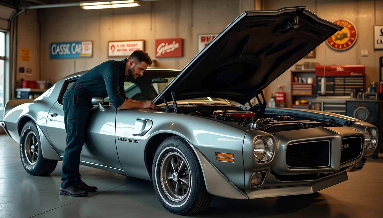 Expert en train d'inspecter le moteur V8 d'une Pontiac Firebird ancienne dans un garage spécialisé