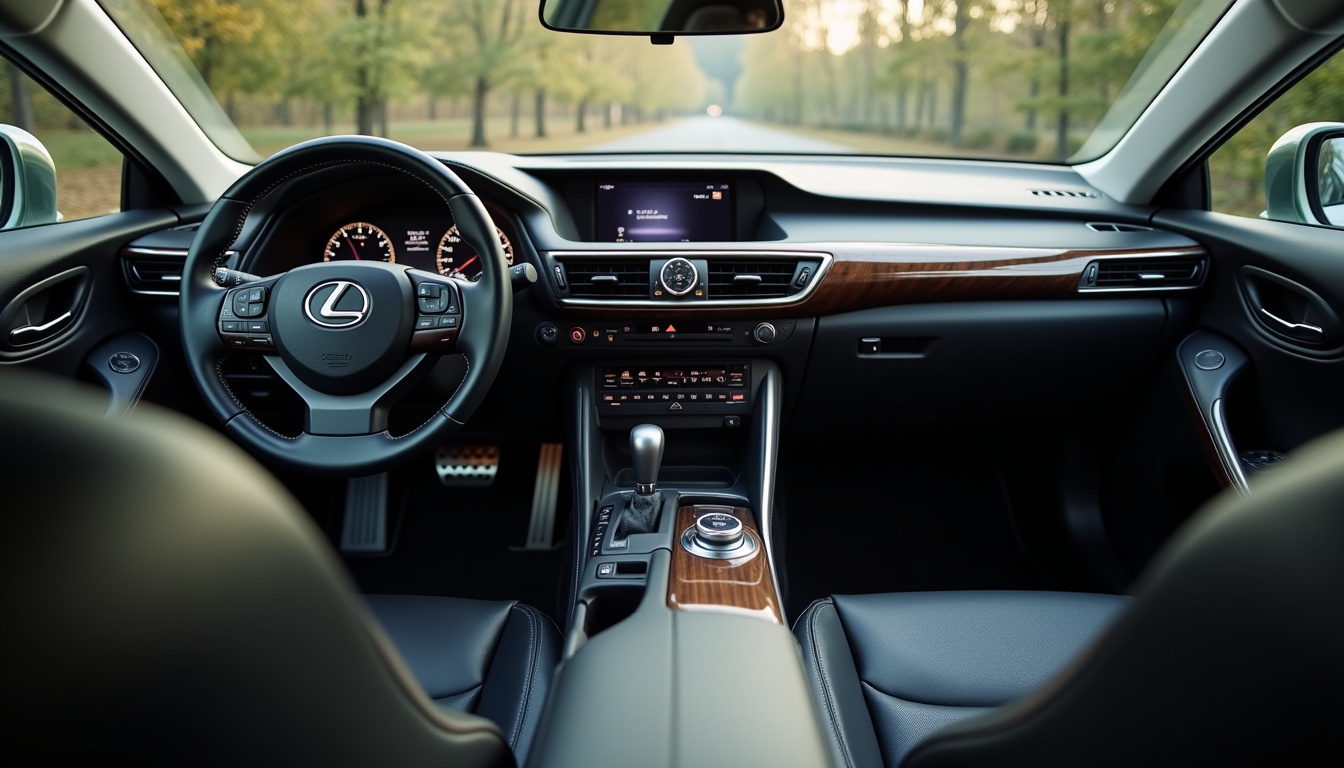 Intérieur d'une Lexus IS 300h d'occasion montrant le tableau de bord et les sièges en cuir