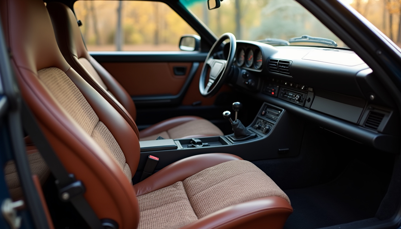 Intérieur d'une Porsche 924 avec sièges combinant cuir et tissu, tableau de bord fonctionnel des années 80