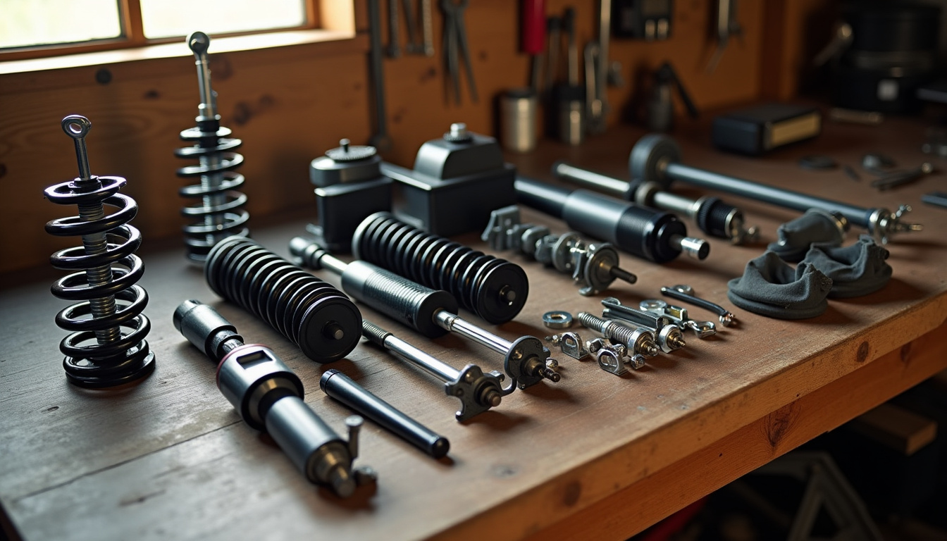 Kit de suspension Old Man Emu complet posé sur un établi, composé de ressorts, amortisseurs et accessoires