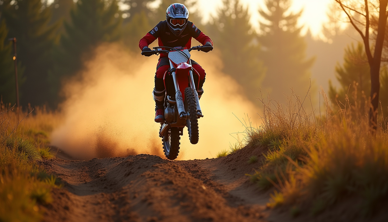 Moto cross 125cc en action sur une piste de terre avec sauts et virages