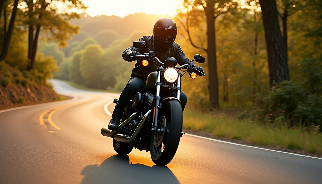 Moto Harley-Davidson Iron 883 en situation de conduite sur route de campagne