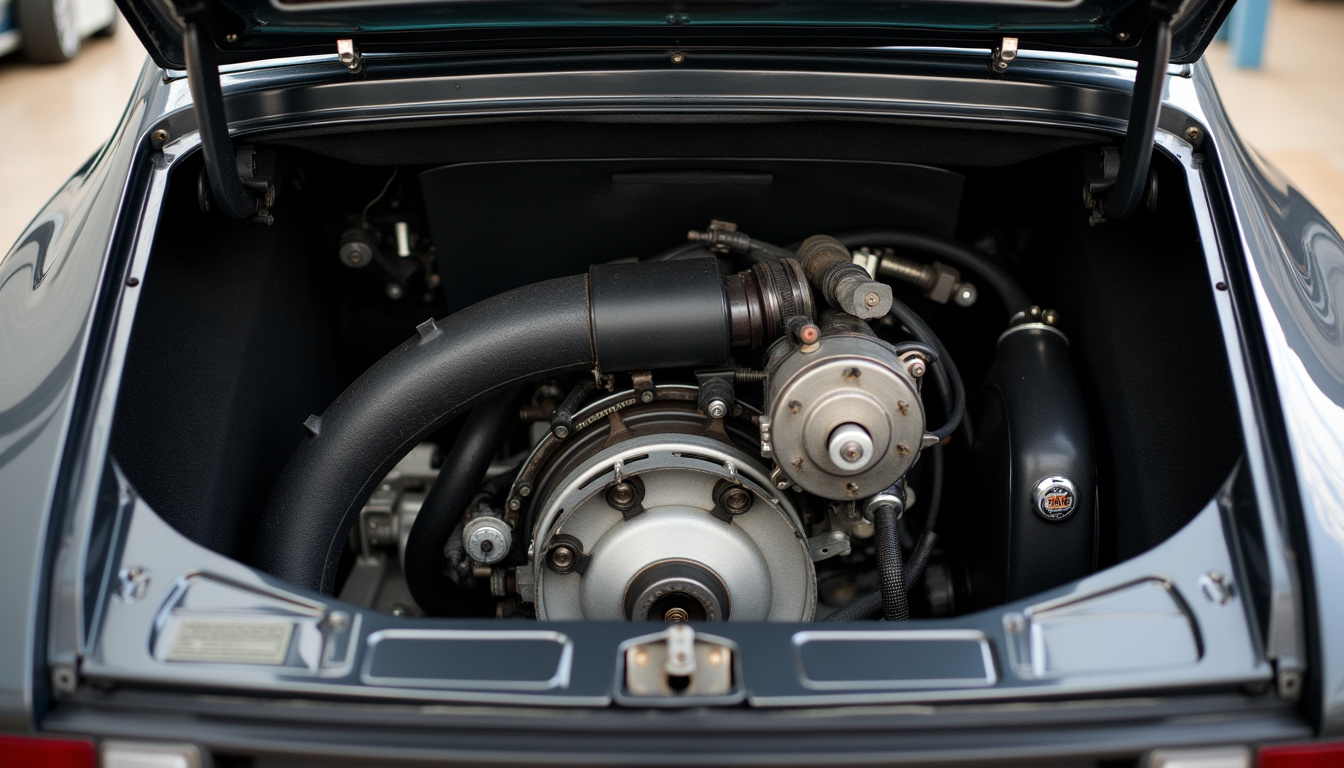 Vérification moteur d'une Porsche 924 en vue arrière, montrant les composants mécaniques accessibles