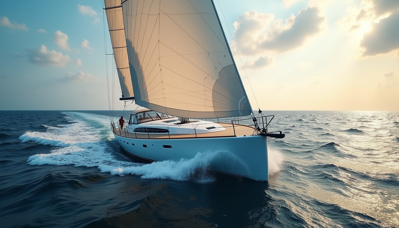 Voilier monocoque naviguant en pleine mer avec des vagues modérées