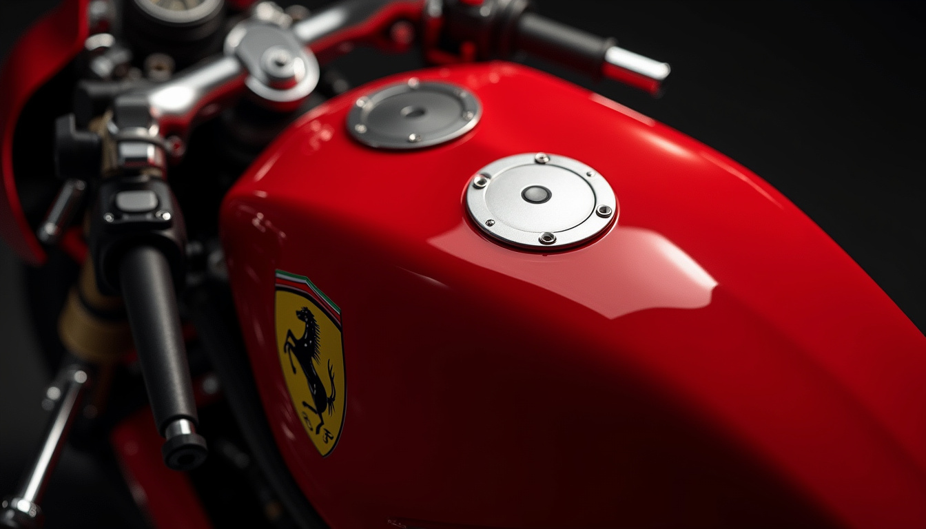 Vue rapprochée de la moto Ferrari SF-01M de David Kay, avec carénage rouge et emblème du cheval cabré sur le réservoir