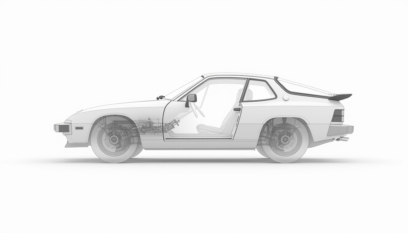 Vue schématique de l'architecture Transaxle de la Porsche 924 avec moteur avant et boîte-pont arrière