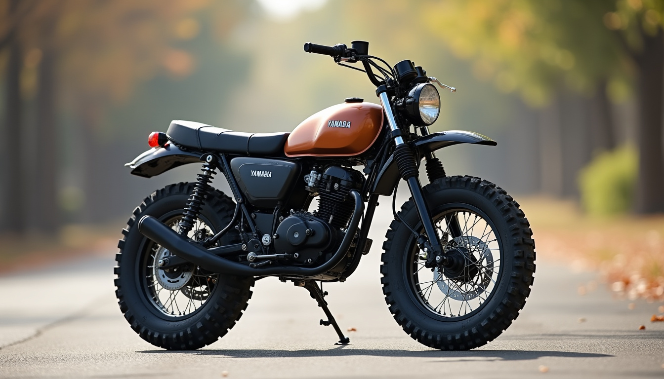 Yamaha TW 125 vue de profil mettant en valeur ses pneus larges et son style atypique
