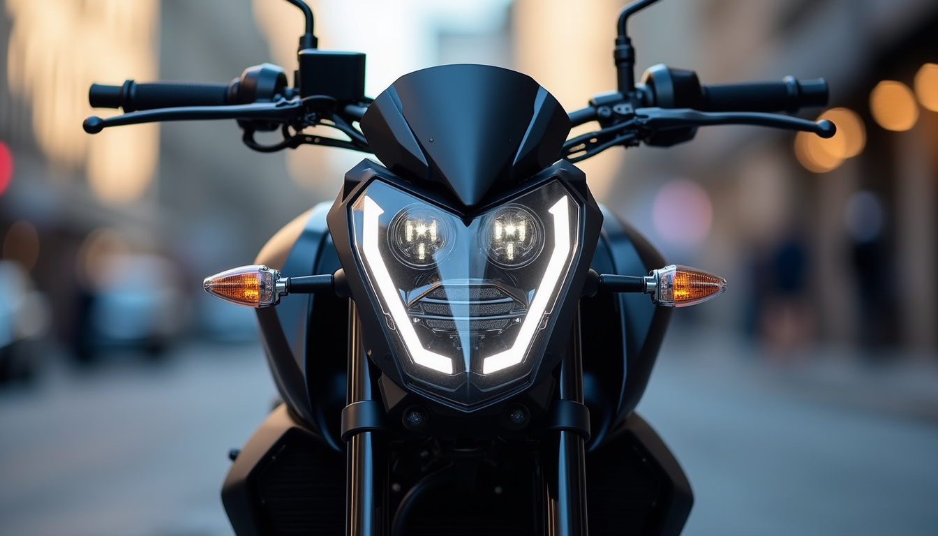 Face avant de la Yamaha MT-125 avec double optique LED en pleine lumière