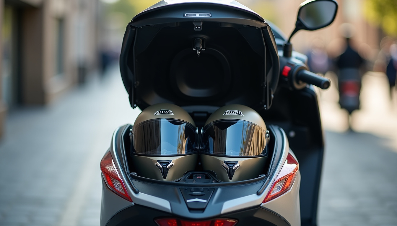 Ouverture du coffre sous-selle du Forza 350 montrant deux casques intégraux bien rangés