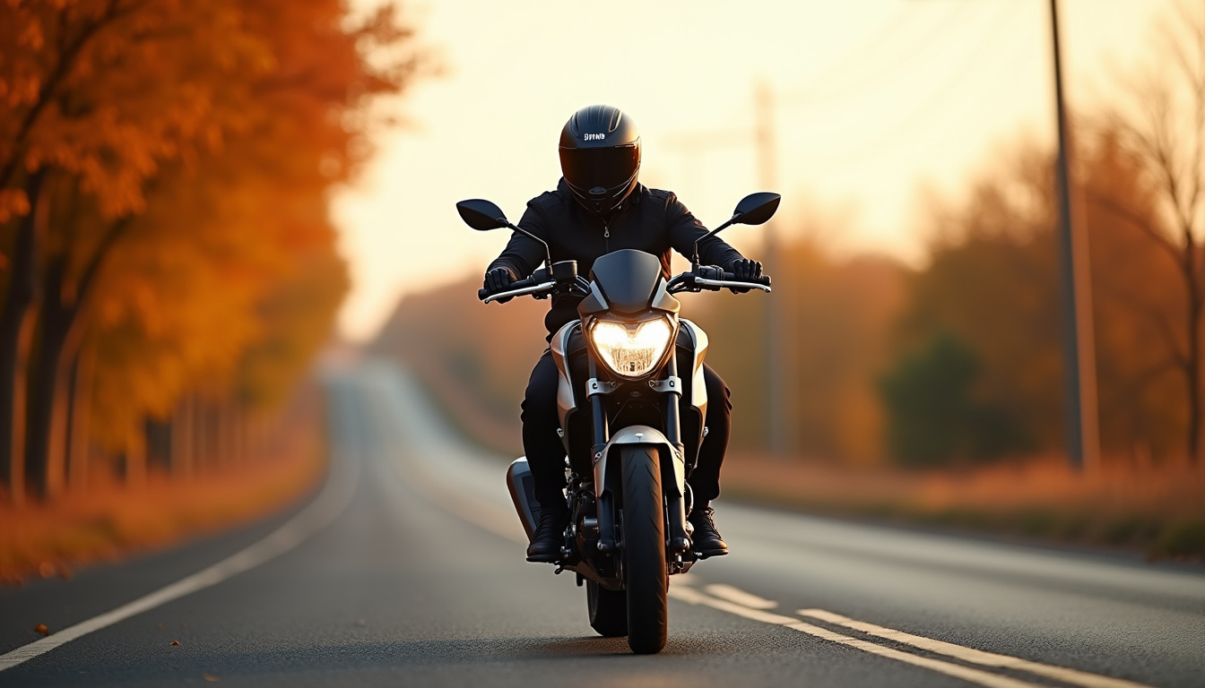 Pilote en train de conduire la Yamaha MT-125 sur une route secondaire, vue latérale